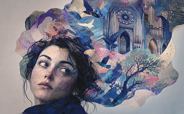 A contemplative woman emerges amid swirling colors, birds, trees, and an ornate organ, blending nature, music, and imagination in a dreamlike collage. Image by Axie Breen.